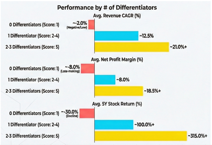 Performance by number of durable differentiators - revenue CAGR, net profit margin, 5y stock return